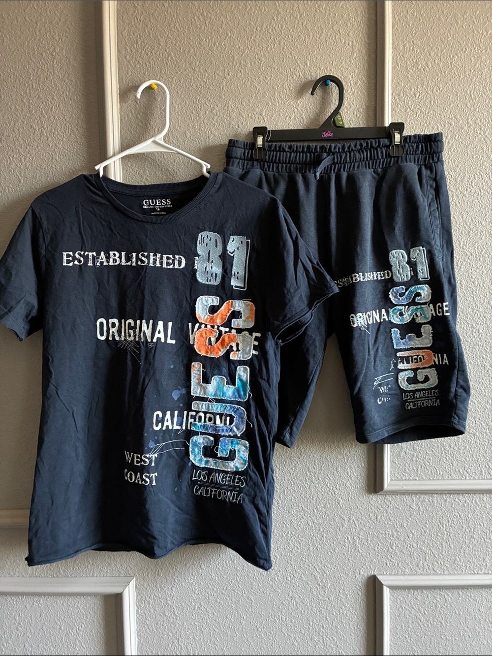 GUESS Navy Blue Graphic Short Sleeve Set with Multicolor Logo